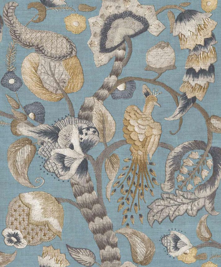 Vliesová tapeta na zeď, modrá, šedá, kvetoucí větvičky, ptáci, 5807, Jaipur Parato by Cristiana Masi