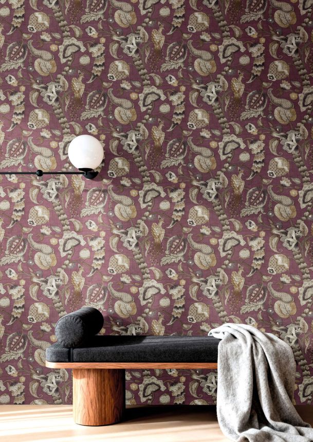 Vliesová tapeta na zeď, zelená, fialová, kvetoucí větvičky, ptáci, 5808, Jaipur, Parato by Cristiana Masi