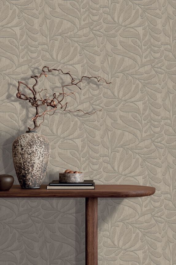 Vliesová tapeta na zeď, hnědá, šedá, imitace dřeva, listy, TN29051, Terra Nova, Decoprint