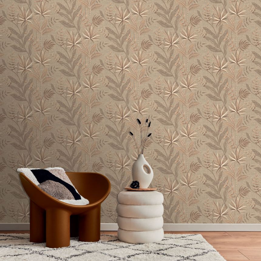 Vliesová tapeta na zeď, hnědá, béžová, imitace látky, listy, TN29081, Terra Nova, Decoprint
