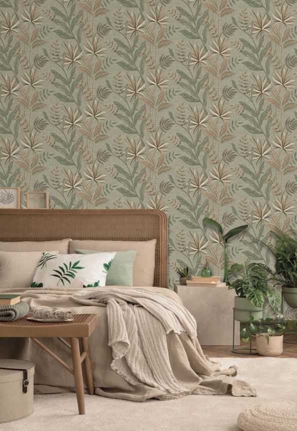 Vliesová tapeta na zeď, zelená, hnědá, imitace látky, listy, TN29083, Terra Nova, Decoprint