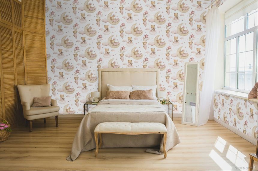 Dětská vliesová tapeta na zeď, růžová, hnědá, medvídci, hvězdičky a balony, 4402, Momi, Parato by Cristiana Masi