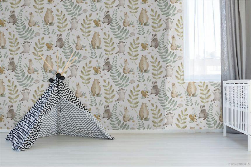 Dětská vliesová tapeta na zeď, modrá, zelená, zvířátka a listy, 4410, Momi, Parato by Cristiana Masi