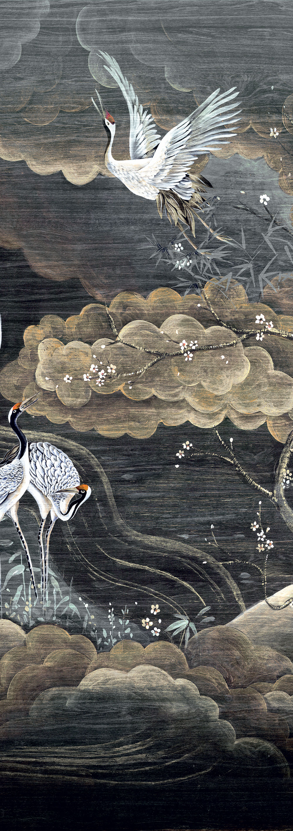 Vliesová obrazová tapeta na zeď, černá, šedá, letící jeřábi, DGTRA4012-260, Traces, Masureel