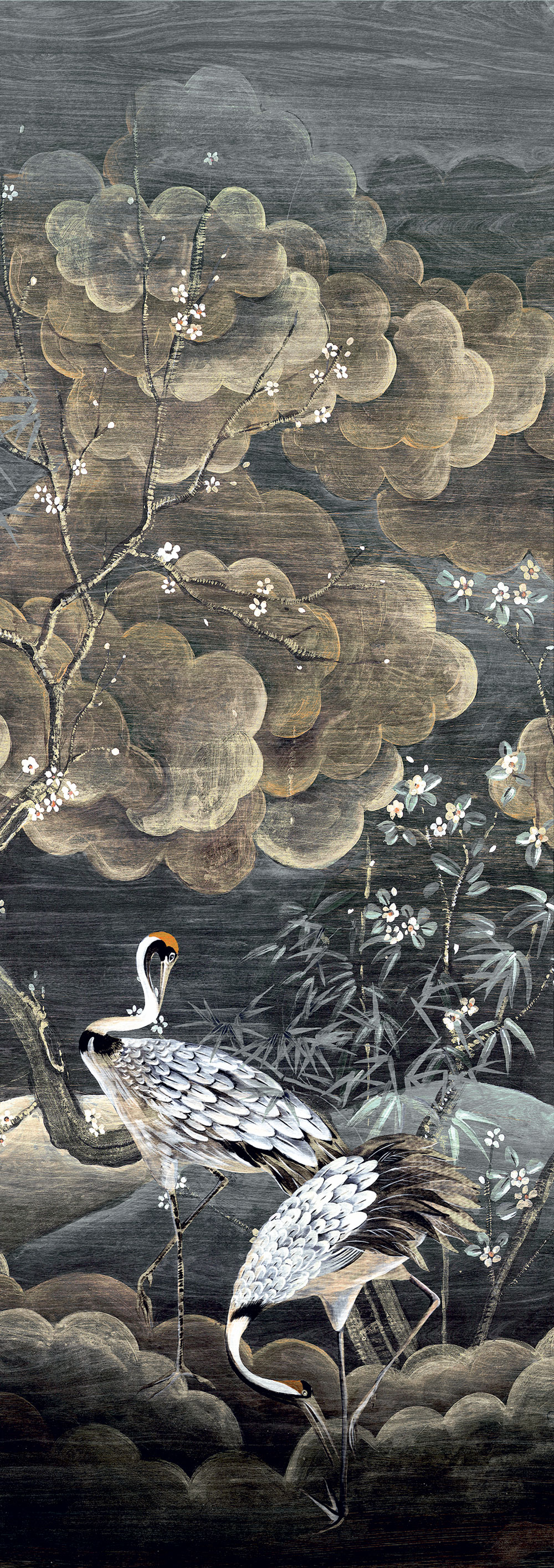 Vliesová obrazová tapeta na zeď, černá, šedá, letící jeřábi, DGTRA4013-300, Traces, Masureel