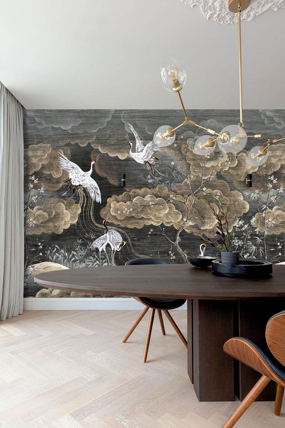 Vliesová obrazová tapeta na zeď, černá, šedá, letící jeřábi, DGTRA4013-300, Traces, Masureel