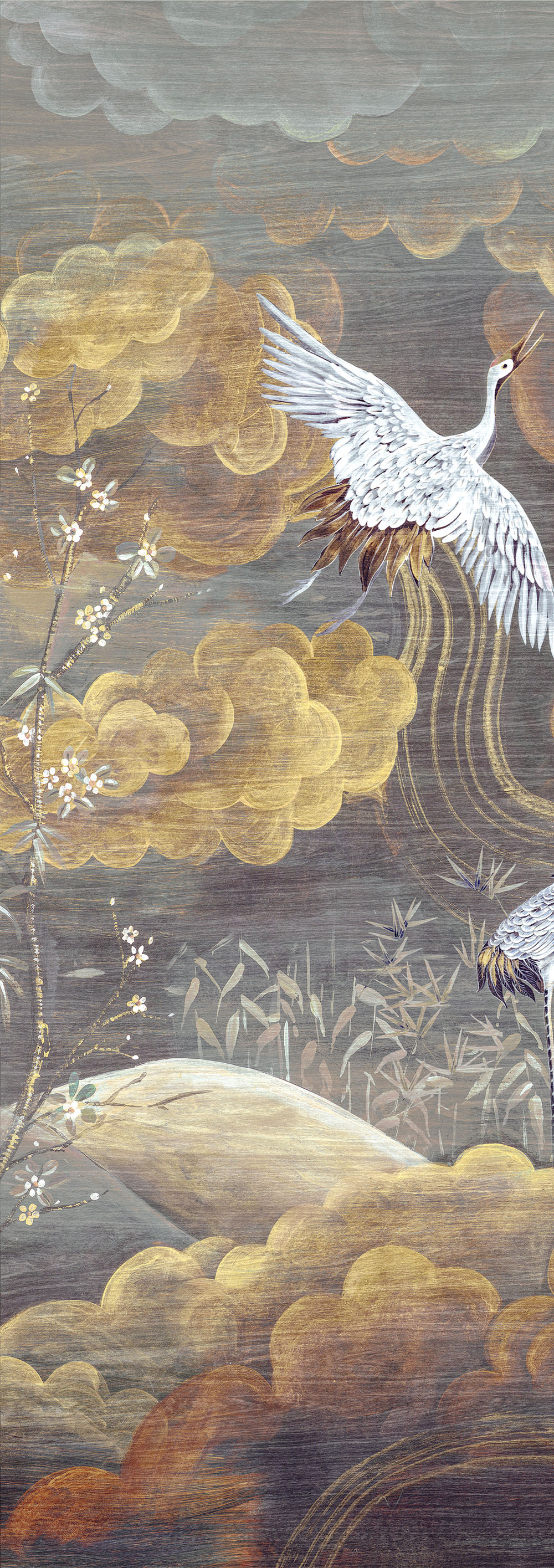 Vliesová obrazová tapeta na zeď, šedá, bílá, letící jeřábi, DGTRA4021-260, Traces, Masureel