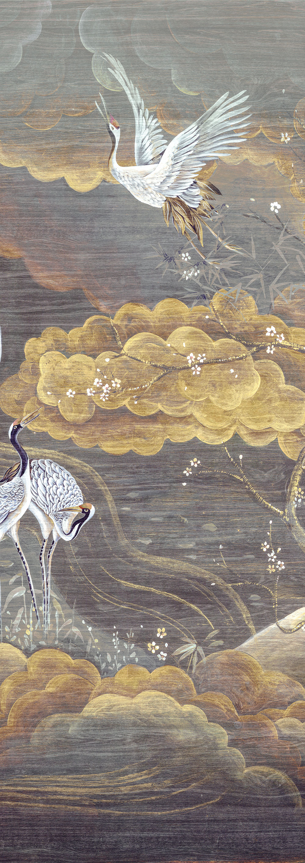 Vliesová obrazová tapeta na zeď, šedá, bílá, letící jeřábi, DGTRA4022-300, Traces, Masureel