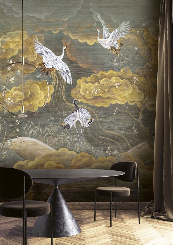 Vliesová obrazová tapeta na zeď, šedá, bílá, letící jeřábi, DGTRA4023-260, Traces, Masureel