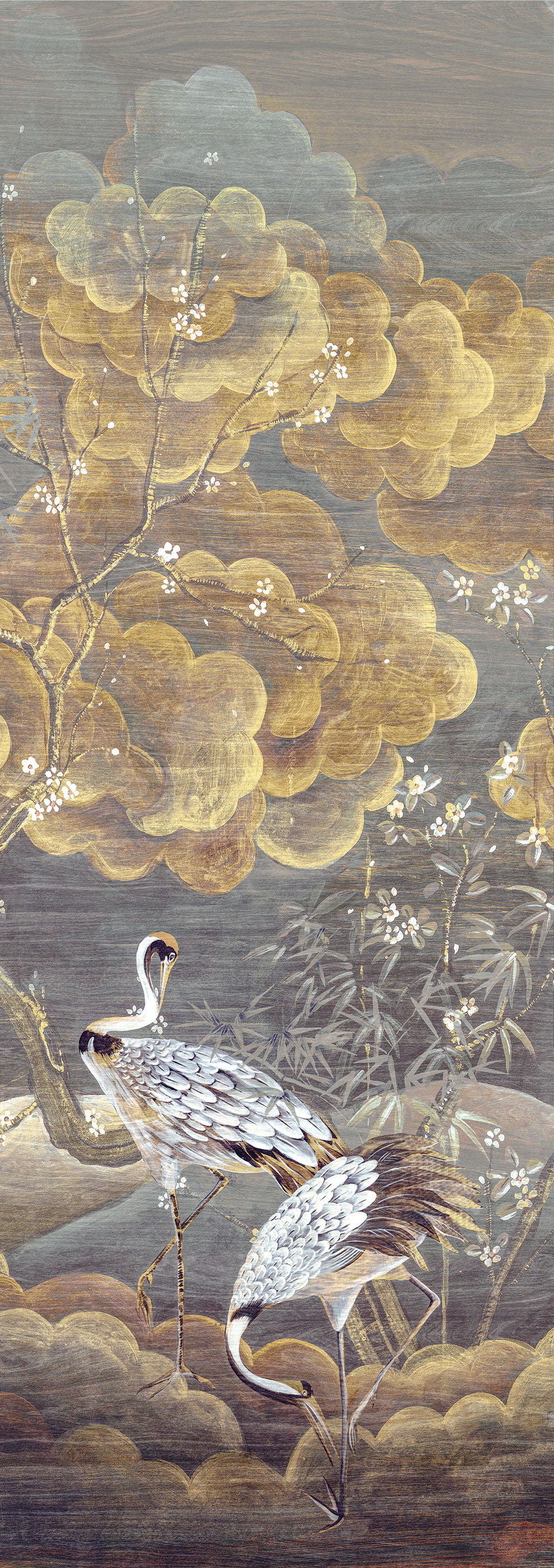 Vliesová obrazová tapeta na zeď, šedá, bílá, letící jeřábi, DGTRA4023-300, Traces, Masureel