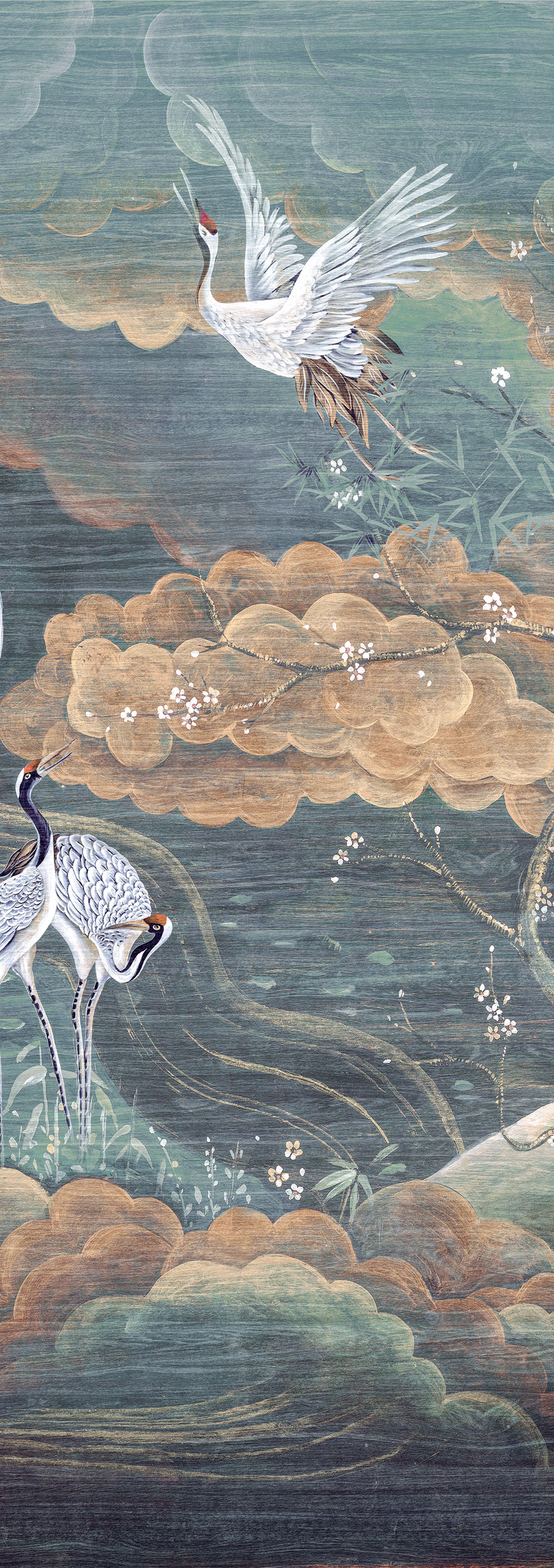 Vliesová obrazová tapeta na zeď, zelená, bílá, letící jeřábi, DGTRA4032-260, Traces, Masureel