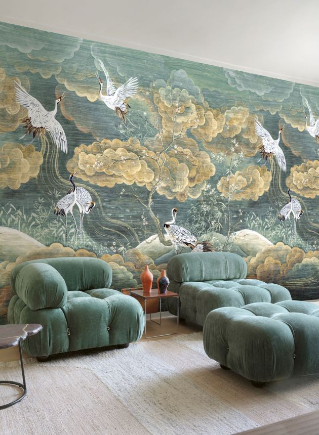 Vliesová obrazová tapeta na zeď, zelená, bílá, letící jeřábi, DGTRA4033-260, Traces, Masureel