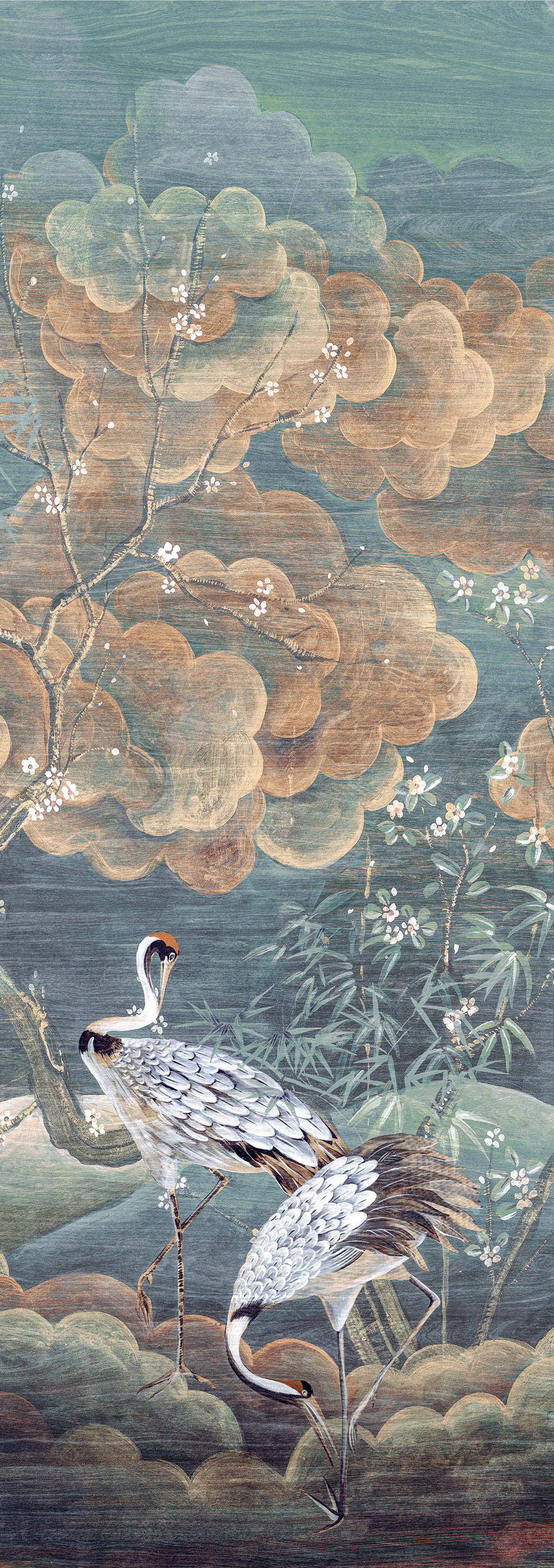 Vliesová obrazová tapeta na zeď, zelená, bílá, letící jeřábi, DGTRA4033-300, Traces, Masureel