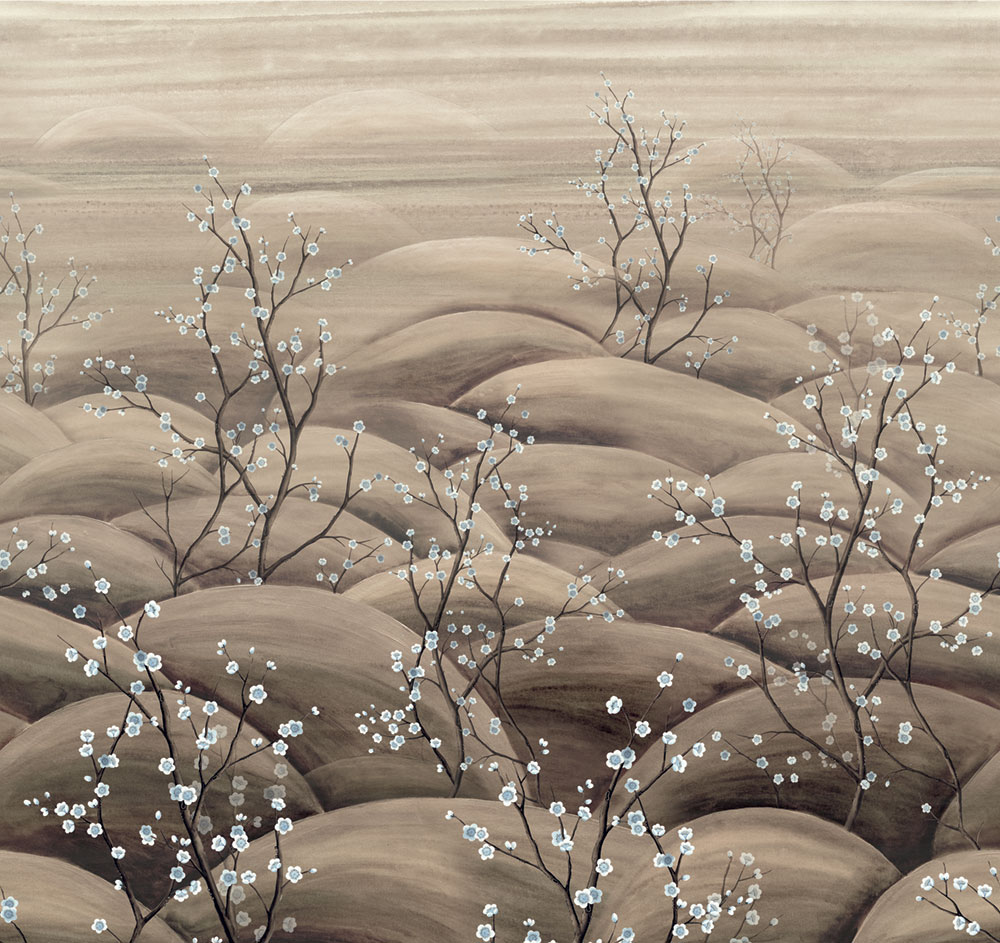 Vliesová obrazová tapeta na zeď, béžová, šedá, větvičky kvetoucí sakury, DGTRA5011-260, Traces, Masureel