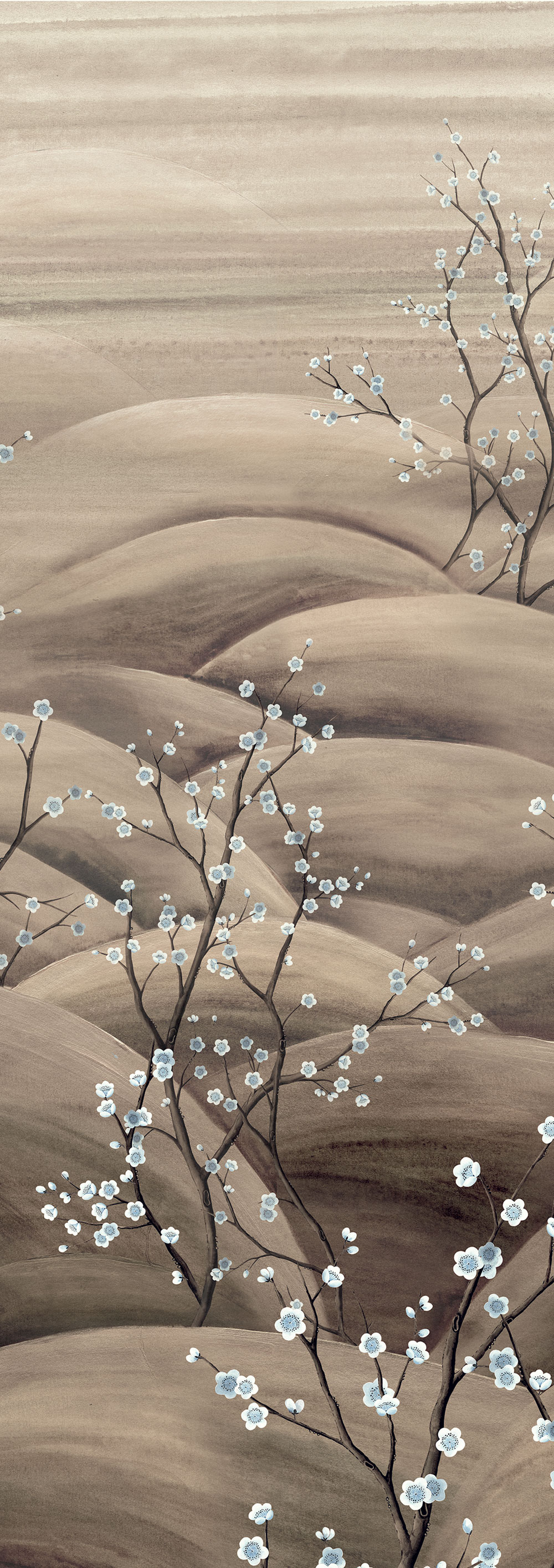 Vliesová obrazová tapeta na zeď, béžová, šedá, větvičky kvetoucí sakury, DGTRA5012-260, Traces, Masureel