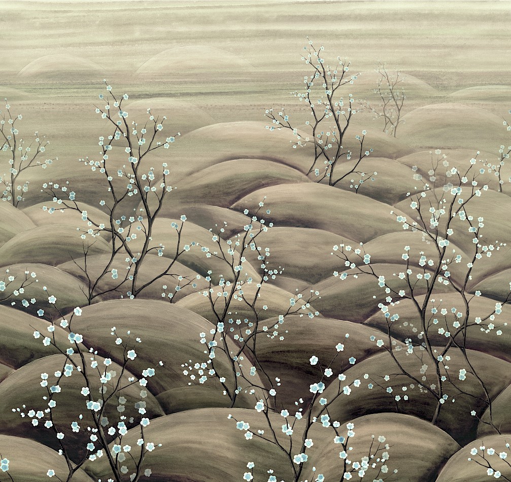 Vliesová obrazová tapeta na zeď, béžová, šedá, větvičky kvetoucí sakury, DGTRA5012-300, Traces, Masureel