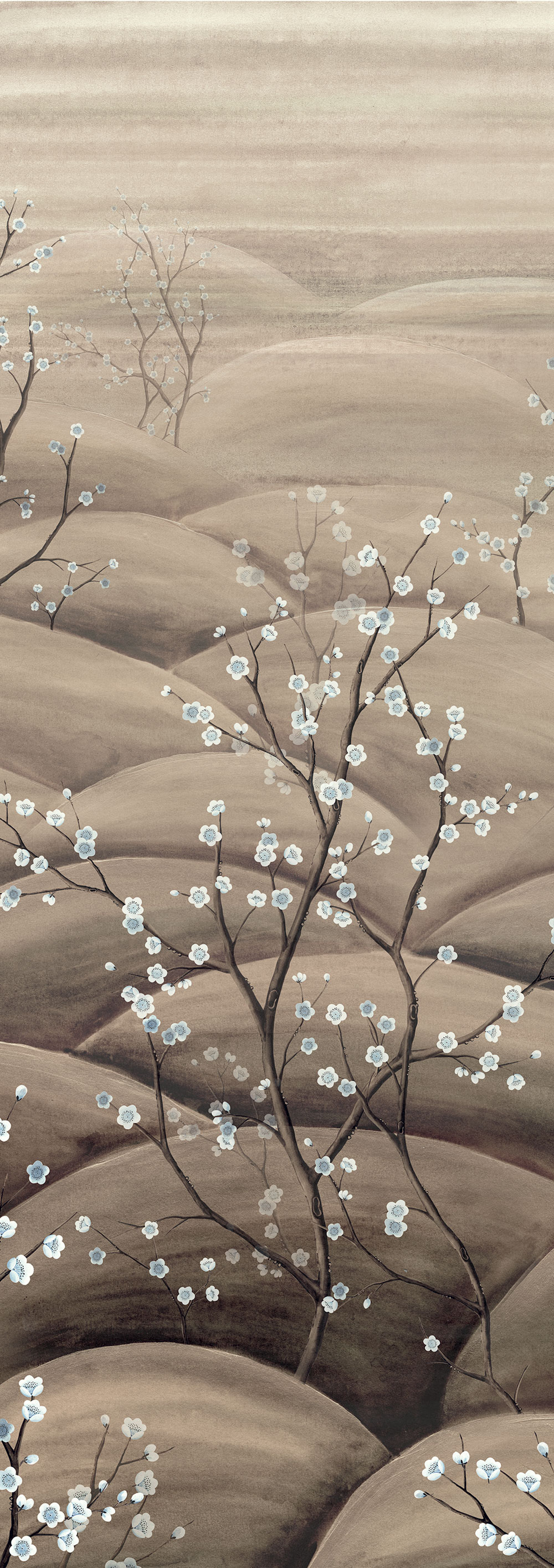 Vliesová obrazová tapeta na zeď, béžová, šedá, větvičky kvetoucí sakury, DGTRA5013-260, Traces, Masureel