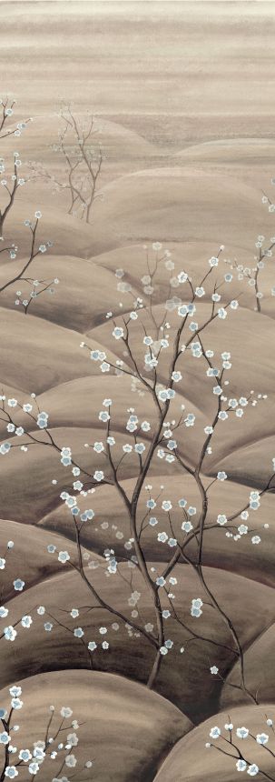 Vliesová obrazová tapeta na zeď, béžová, šedá, větvičky kvetoucí sakury, DGTRA5013-260, Traces, Masureel