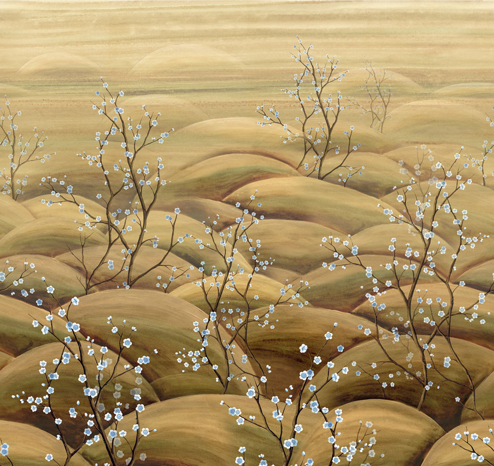 Vliesová obrazová tapeta na zeď, modrá, béžová, větvičky kvetoucí sakury, DGTRA5021-300, Traces, Masureel