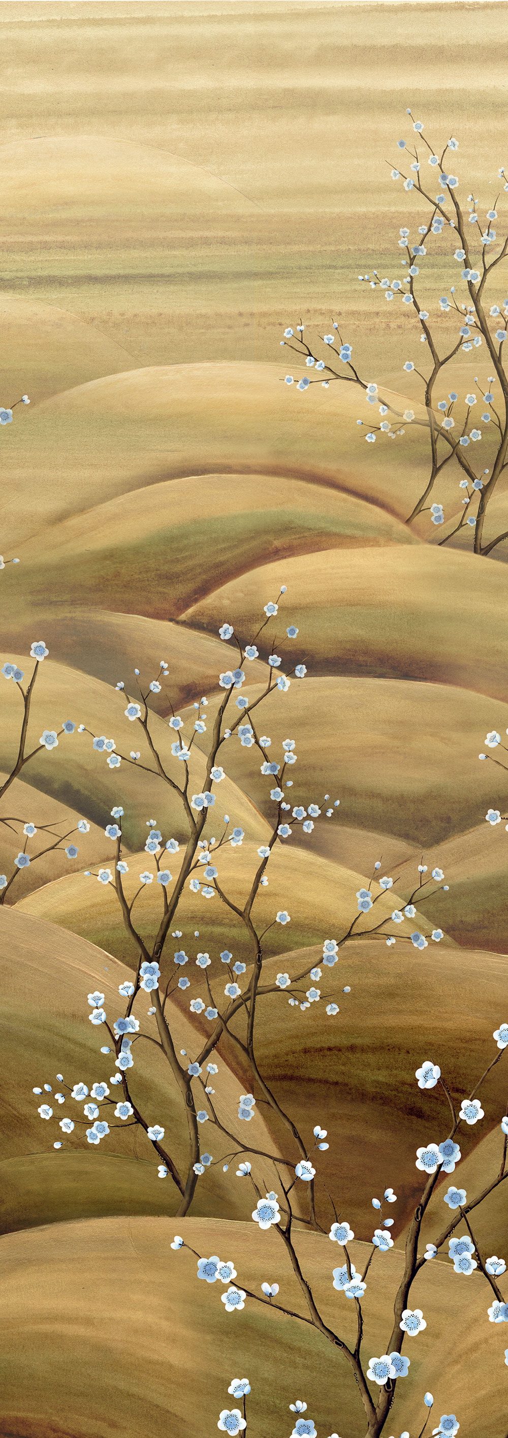 Vliesová obrazová tapeta na zeď, modrá, béžová, větvičky kvetoucí sakury, DGTRA5022-260, Traces, Masureel