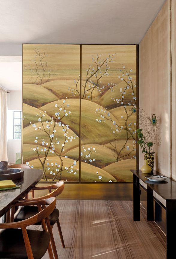 Vliesová obrazová tapeta na zeď, modrá, béžová, větvičky kvetoucí sakury, DGTRA5022-260, Traces, Masureel