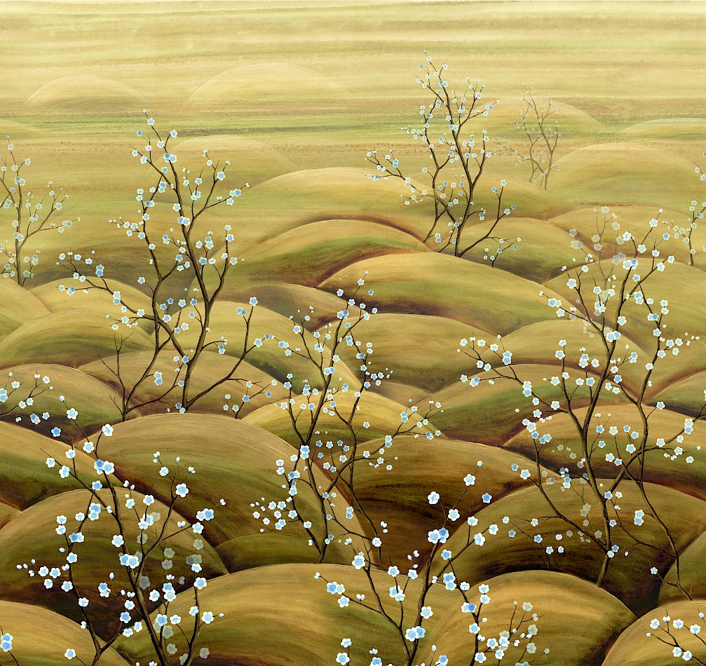 Vliesová obrazová tapeta na zeď, modrá, béžová, větvičky kvetoucí sakury, DGTRA5022-300, Traces, Masureel