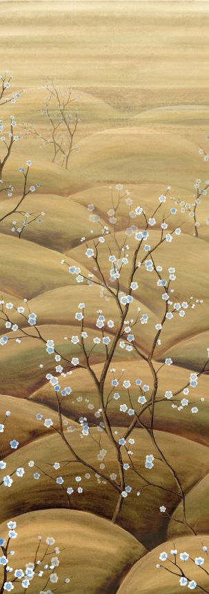 Vliesová obrazová tapeta na zeď, modrá, béžová, větvičky kvetoucí sakury, DGTRA5023-300, Traces, Masureel