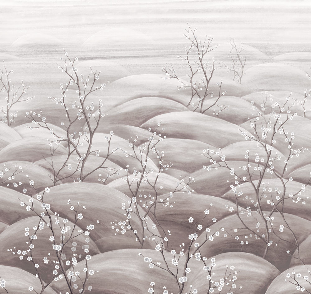 Vliesová obrazová tapeta na zeď, šedá, bílá, větvičky kvetoucí sakury, DGTRA5031-260, Traces, Masureel