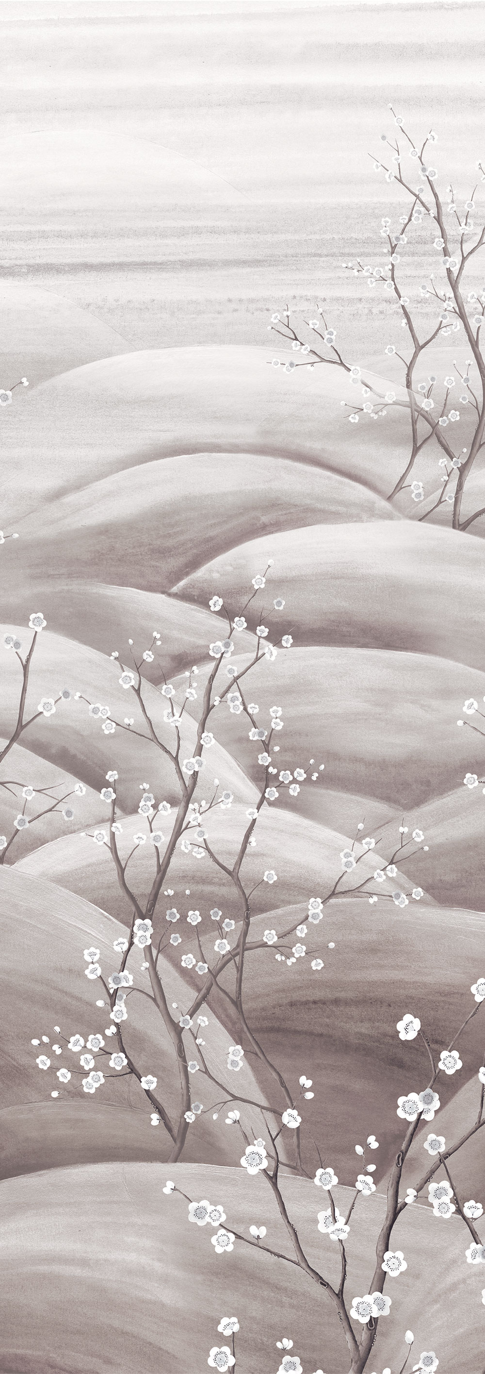 Vliesová obrazová tapeta na zeď, šedá, bílá, větvičky kvetoucí sakury, DGTRA5032-300, Traces, Masureel