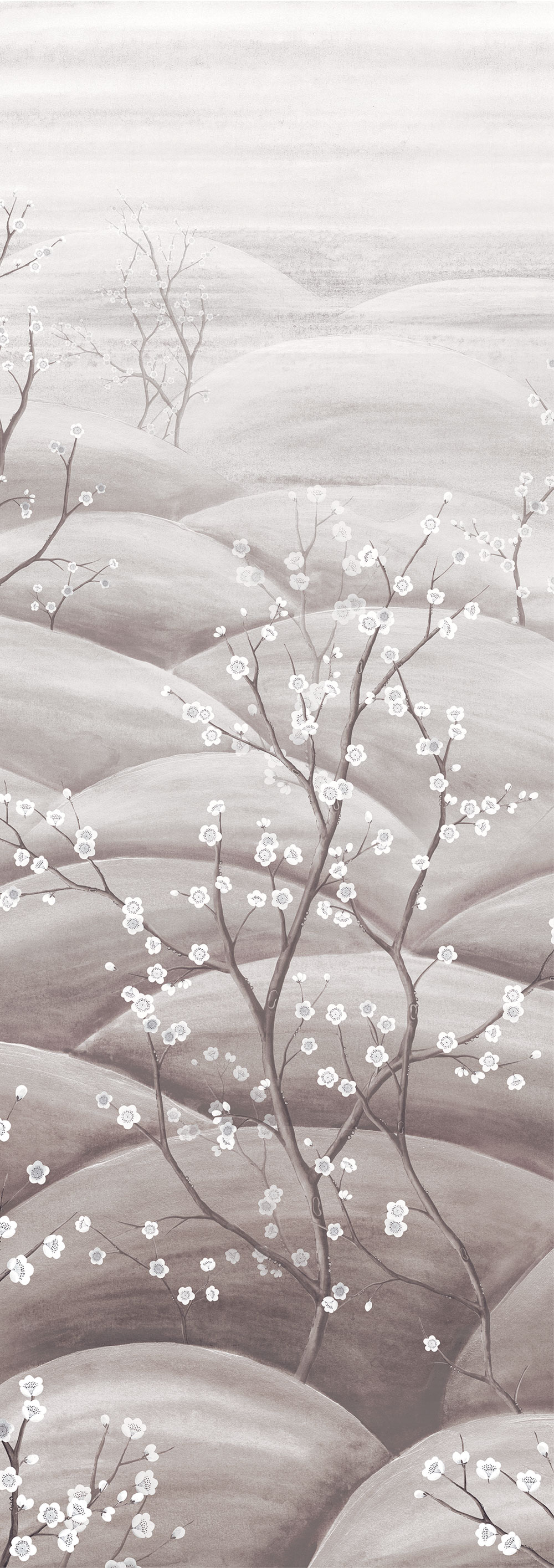 Vliesová obrazová tapeta na zeď, šedá, bílá, větvičky kvetoucí sakury, DGTRA5033-260, Traces, Masureel
