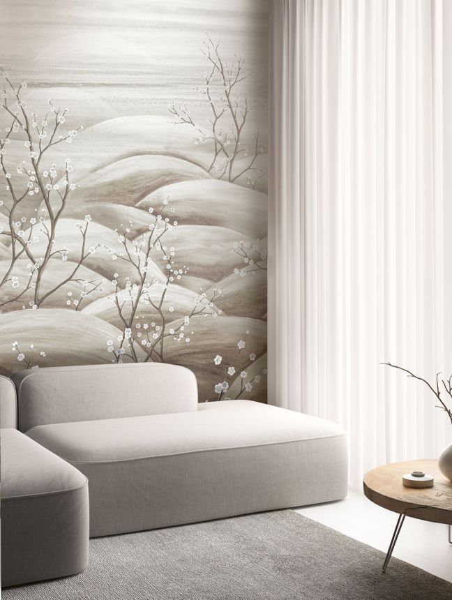 Vliesová obrazová tapeta na zeď, šedá, bílá, větvičky kvetoucí sakury, DGTRA5033-260, Traces, Masureel