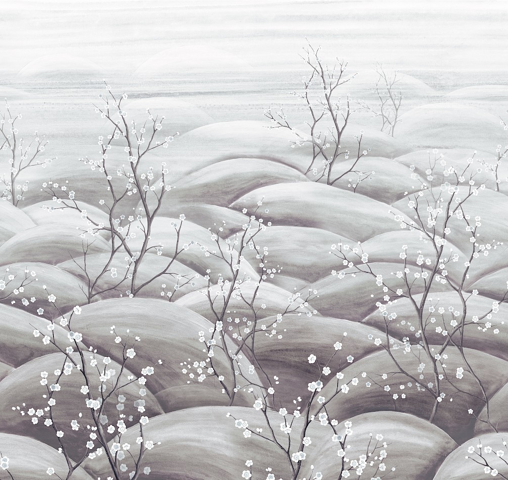 Vliesová obrazová tapeta na zeď, šedá, bílá, větvičky kvetoucí sakury, DGTRA5033-300, Traces, Masureel