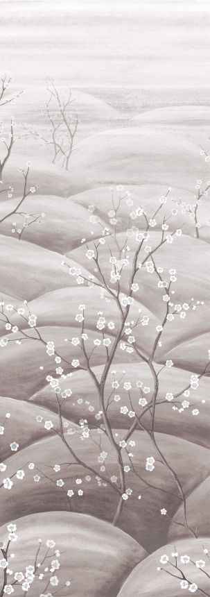 Vliesová obrazová tapeta na zeď, šedá, bílá, větvičky kvetoucí sakury, DGTRA5033-300, Traces, Masureel