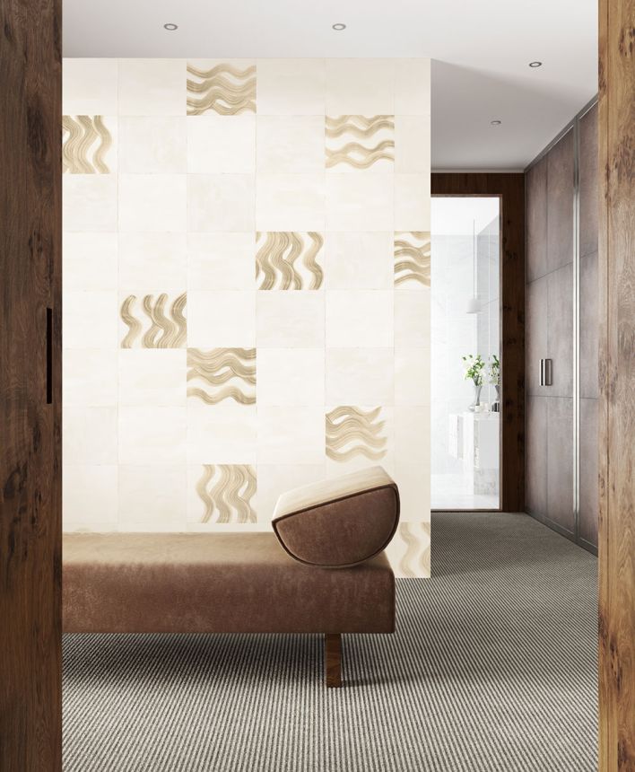 Vliesová obrazová tapeta na zeď, béžová, šedá, vlnky ve čtvercích, DGTRA6013-260, Traces, Masureel