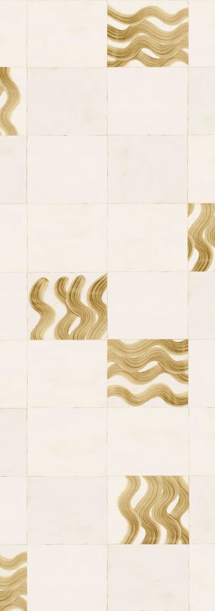 Vliesová obrazová tapeta na zeď, béžová, zlatá, vlnky ve čtvercích, DGTRA6022-260, Traces, Masureel