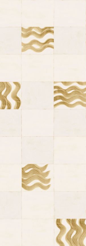 Vliesová obrazová tapeta na zeď, béžová, zlatá, vlnky ve čtvercích, DGTRA6023-260, Traces, Masureel