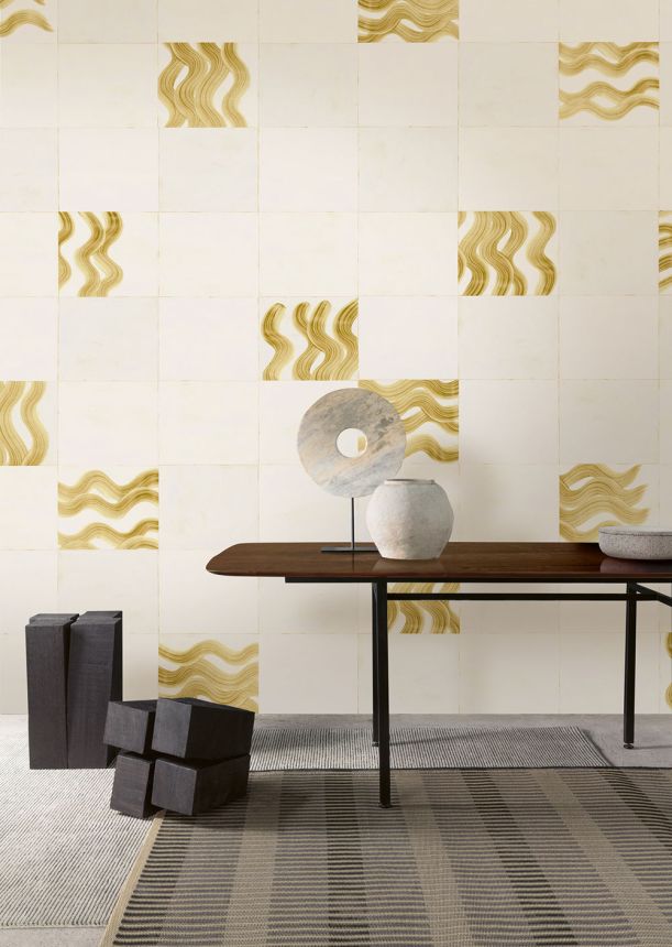 Vliesová obrazová tapeta na zeď, béžová, zlatá, vlnky ve čtvercích, DGTRA6023-260, Traces, Masureel