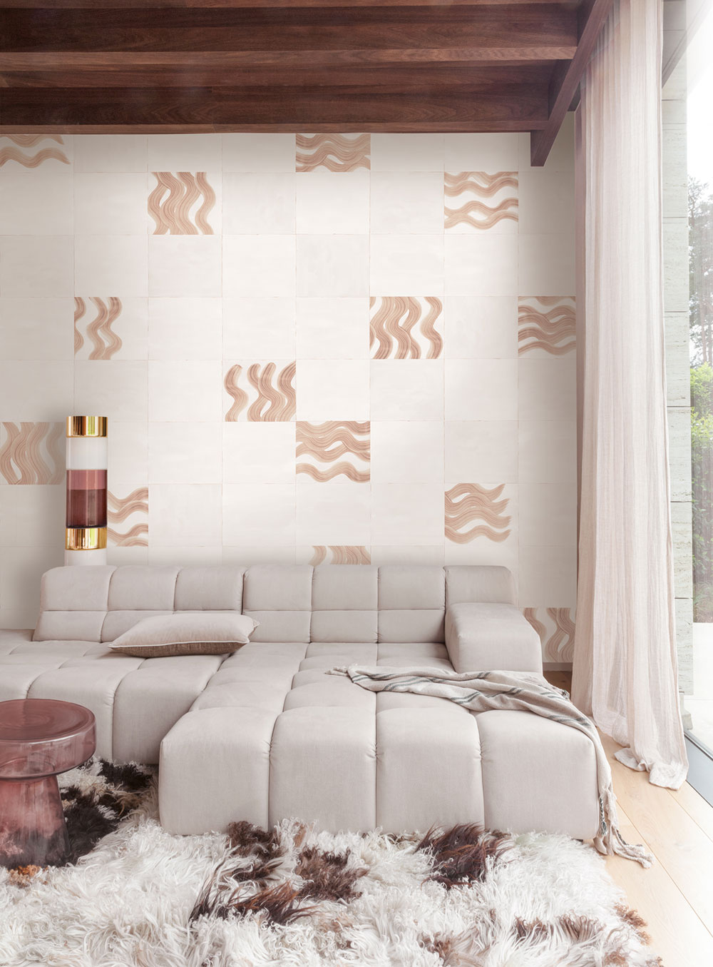 Vliesová obrazová tapeta na zeď, růžová, hnědá, vlnky ve čtvercích, DGTRA6032-260, Traces, Masureel