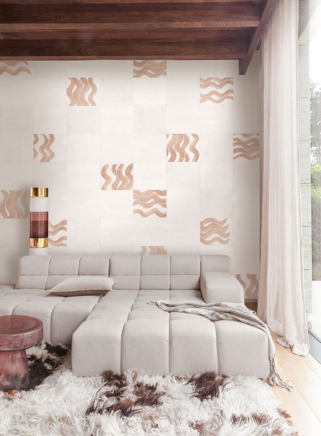 Vliesová obrazová tapeta na zeď, růžová, hnědá, vlnky ve čtvercích, DGTRA6033-260, Traces, Masureel