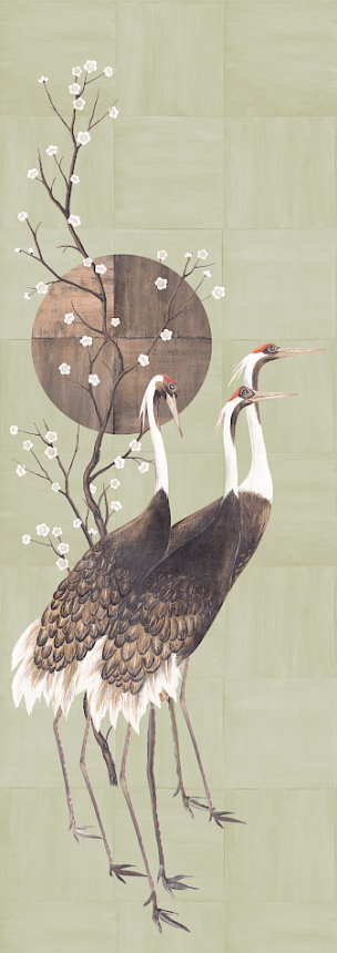 Vliesová obrazová tapeta na zeď, šedá, zelená, stojící jeřábi,  DGTRA7021-300, Traces, Masureel