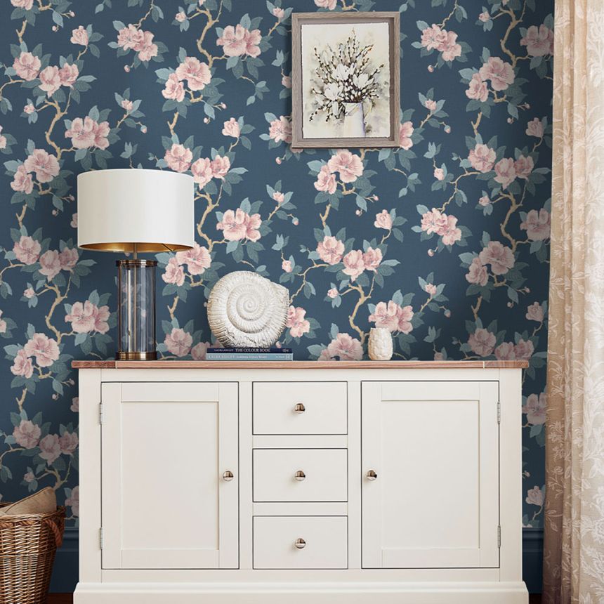 Květinová vliesová tapeta na zeď, modrá, růžová, 130095, Laura Ashley 4