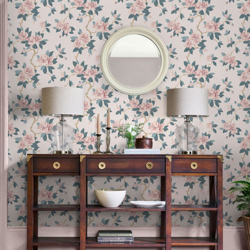 Květinová vliesová tapeta na zeď, růžová, modrá, 130096, Laura Ashley 4