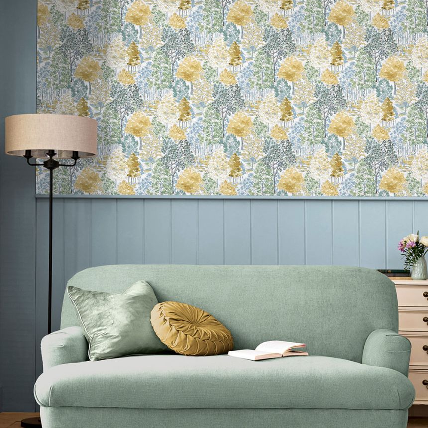 Vliesová tapeta na zeď, žlutá, zelená, motiv lesa, 130153, Laura Ashley 4