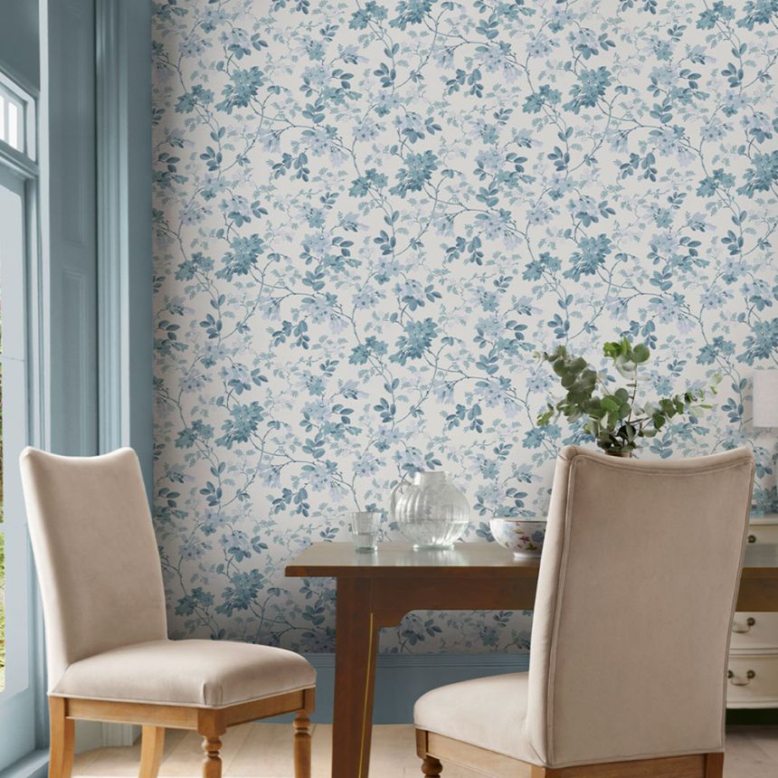 Vliesová tapeta na zeď, modrá, bílá, květy, listy, 130107, Laura Ashley 4