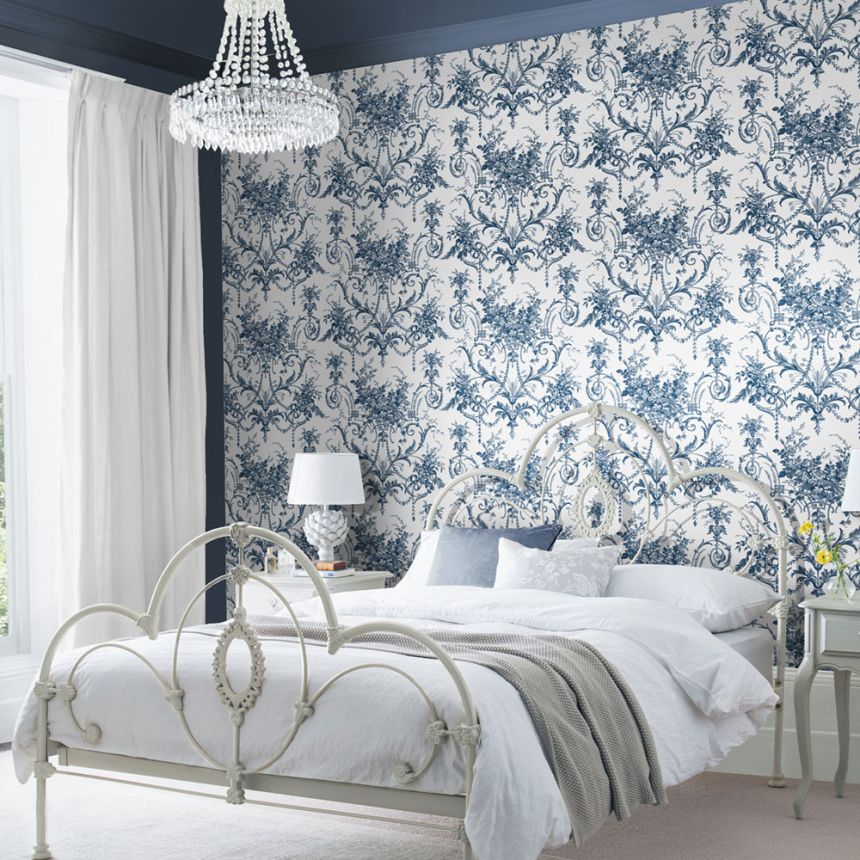 Zámecká vliesová tapeta na zeď, modro-bílá, květy, 122767, Laura Ashley 4