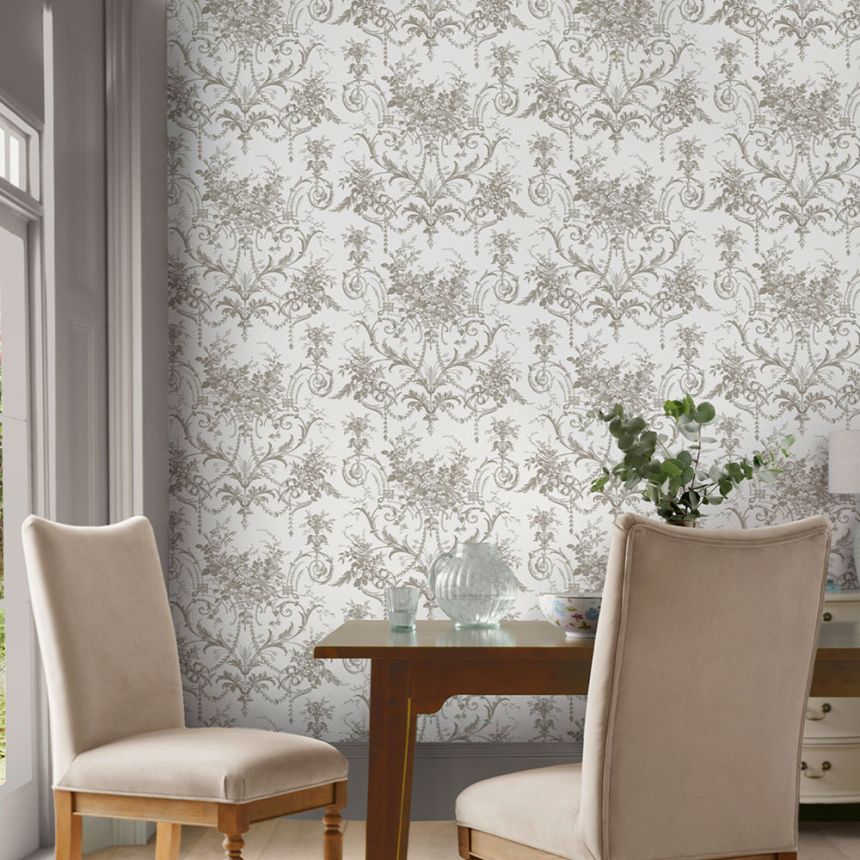 Zámecká vliesová tapeta na zeď, šedo-bílá, květy, 130111, Laura Ashley 4