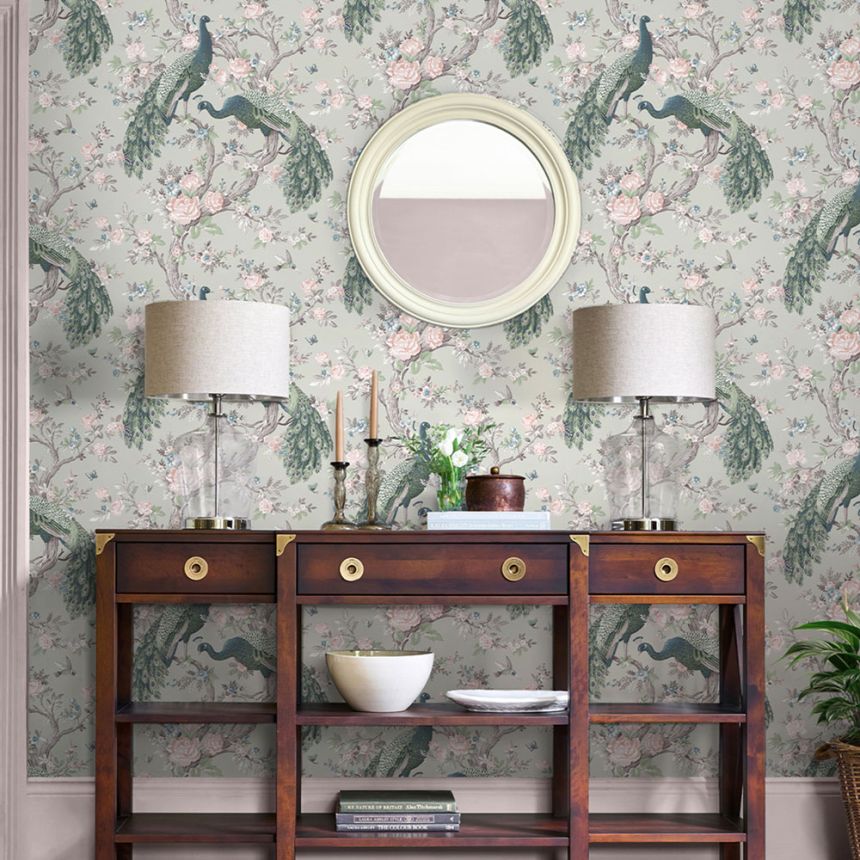 Vliesová tapeta na zeď, zelená, šedá, růže, pávi, 130113, Laura Ashley 4