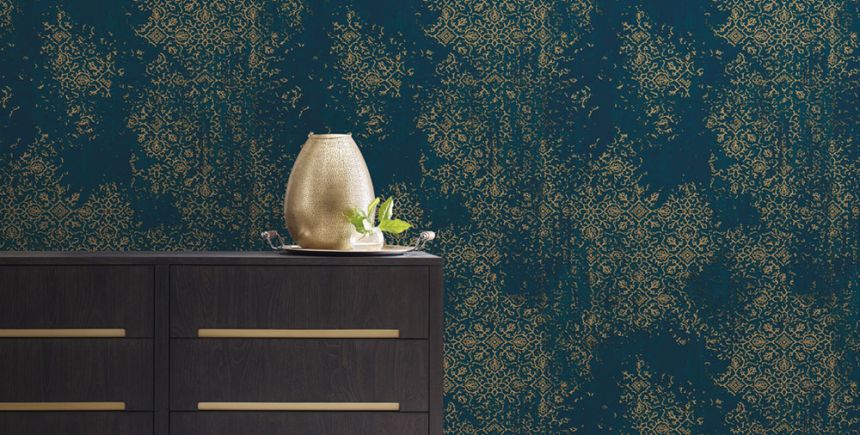 Vliesová tapeta na zeď, modrá, béžová, vintage ornamenty, AU41205, Aurelia, Prestige Wallcoverings