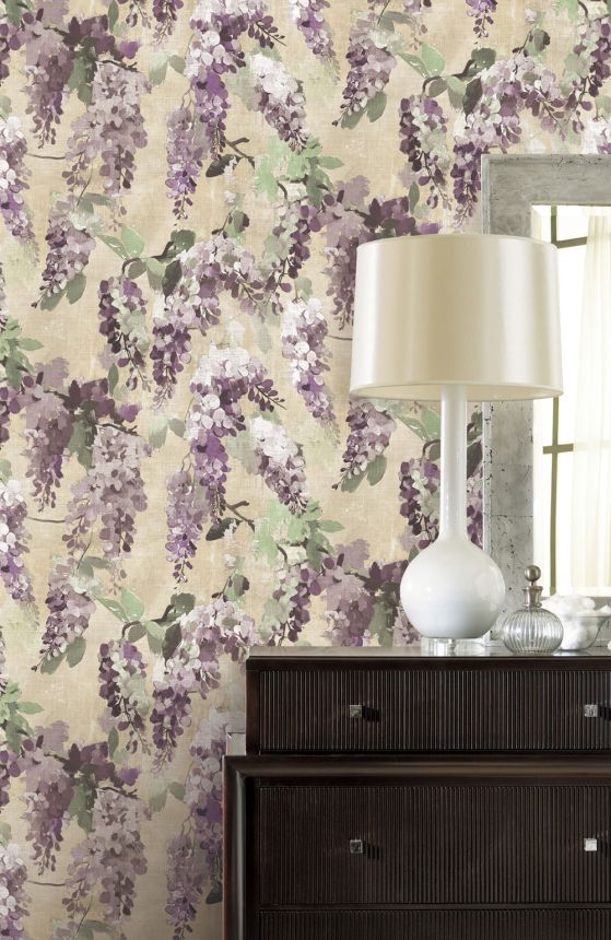 Vliesová tapeta na zeď, fialová, béžová, květiny, větvičky, AU41604, Aurelia, Prestige Wallcoverings