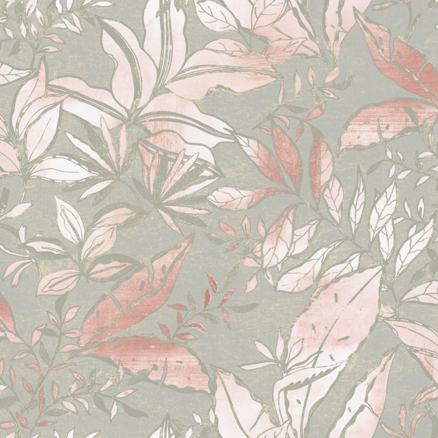 Vliesová tapeta na zeď, šedá, růžová, listy a větvičky, AU41703, Aurelia, Prestige Wallcoverings